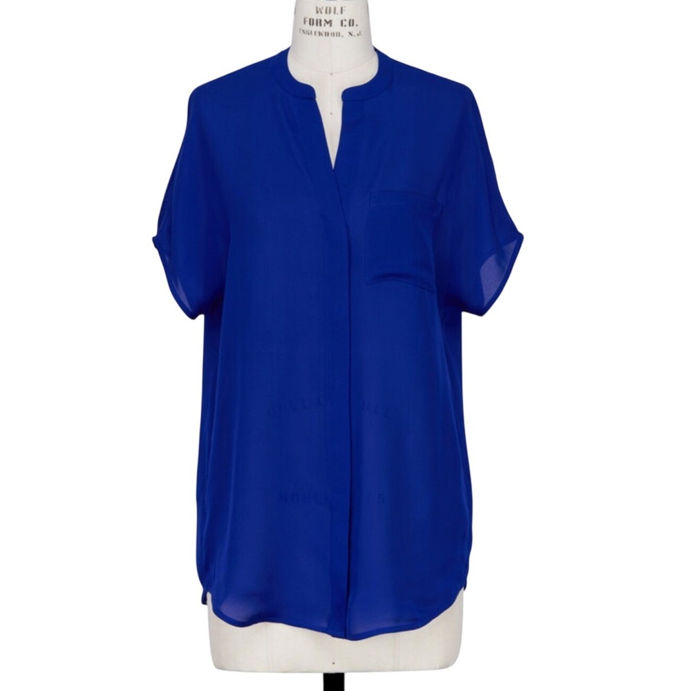 Vince Royal Blue 100% Silk Short Sleeve Button Down Blouse Top Small